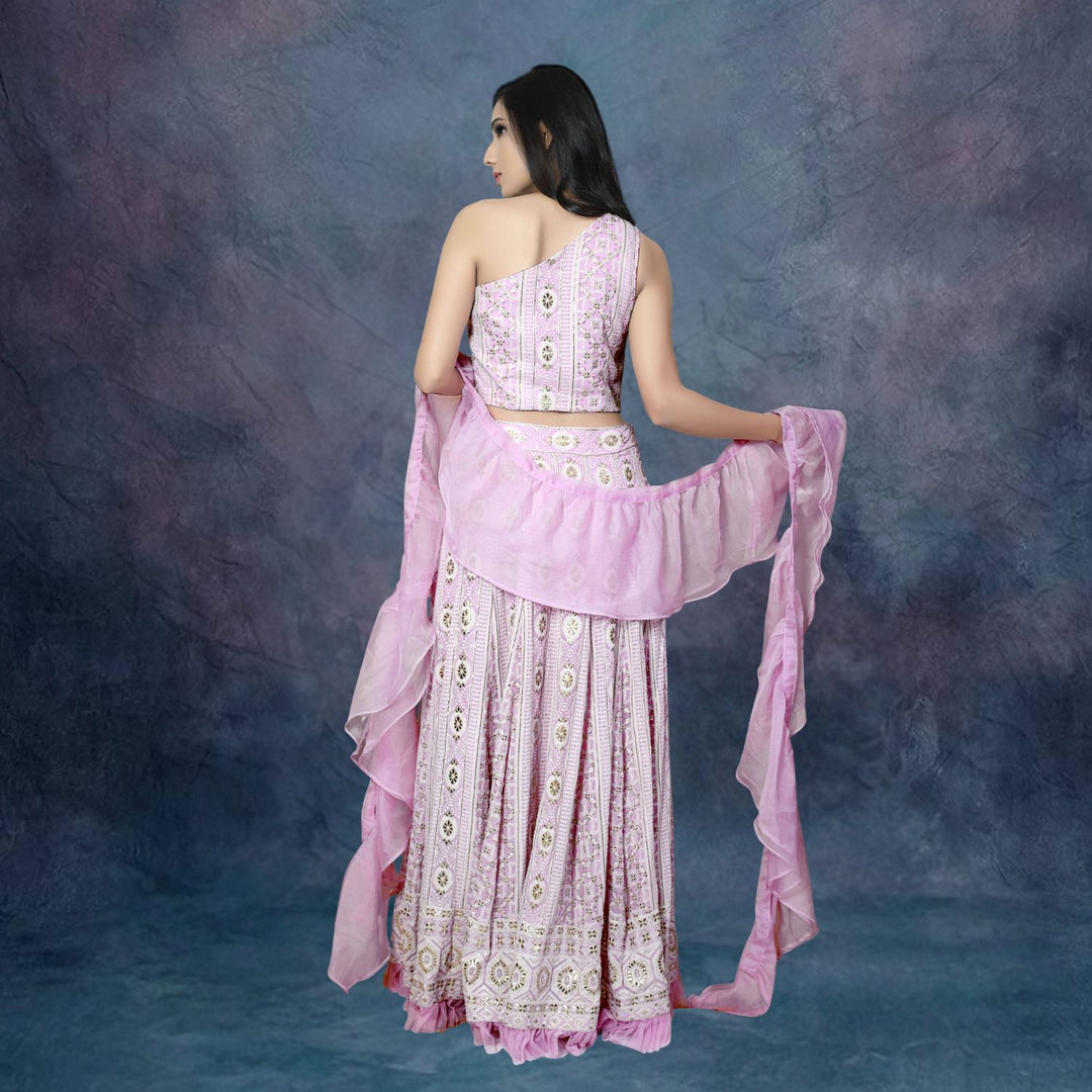 Libasa Elegant Lucknowi Lehenga Set | Ruffled Dupatta | One-Shoulder Blouse | Lilac