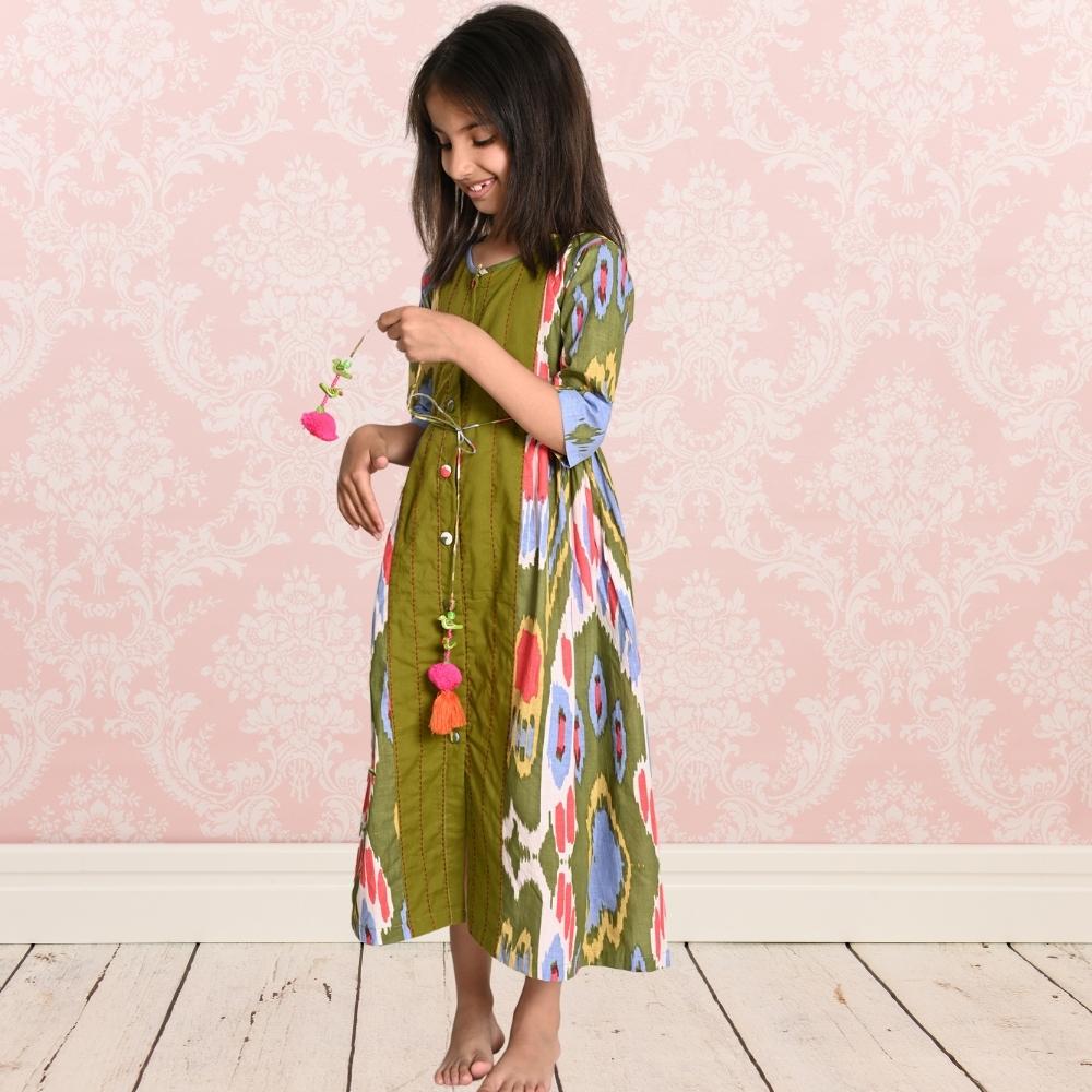 Peasent Ikat Dress | Girls | Cotton | Green