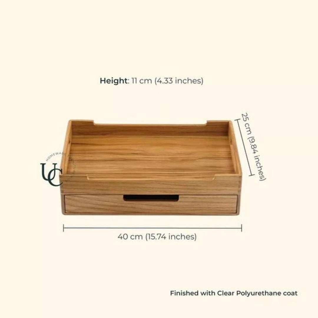 Cresta Serving Tray With Teabags Drawer | Teak Wood | Hand-Crafted |16 Inch