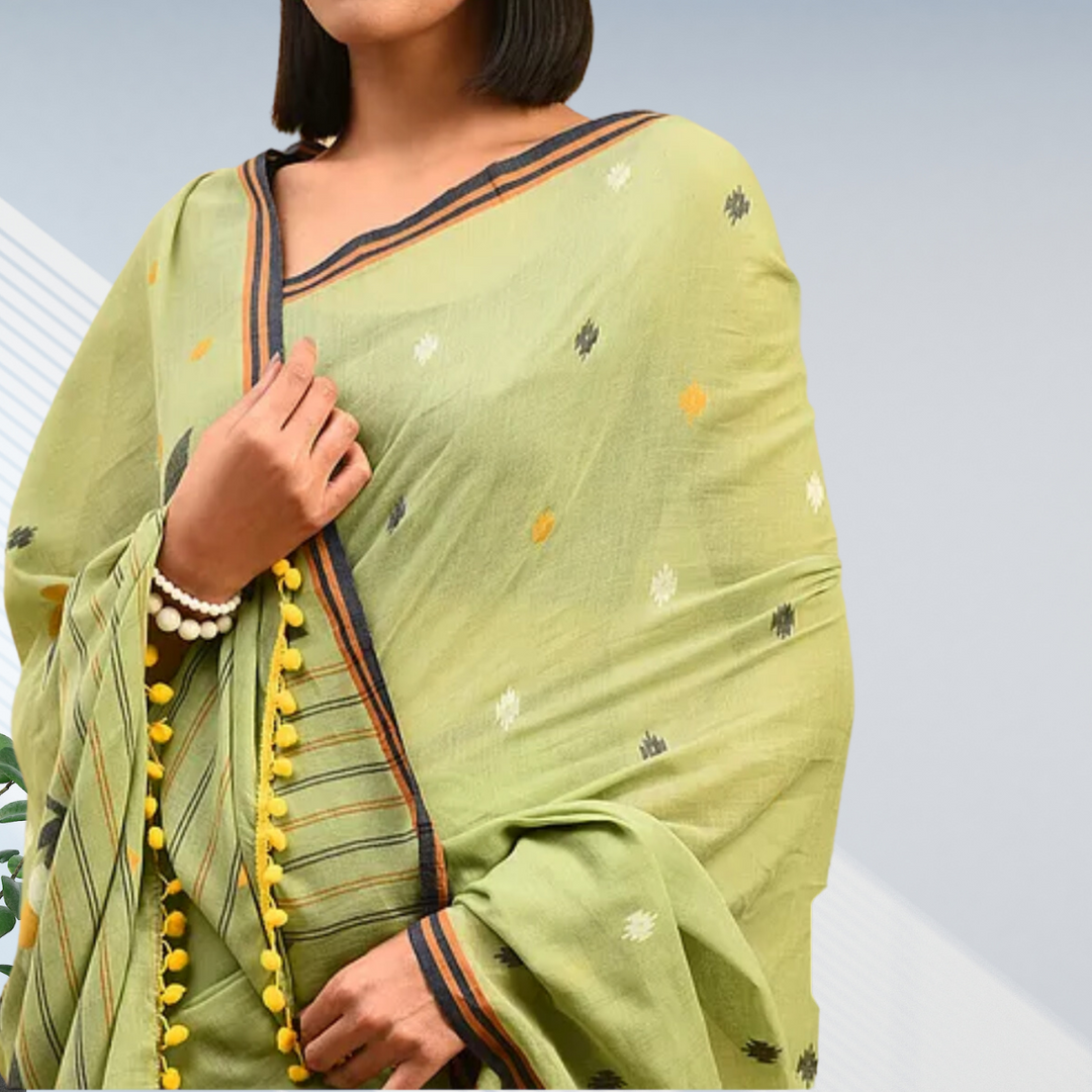 Fern Green Jamdani Cotton Mul Mul Saree | Subtle | Light Weight | Super Soft | Elegant