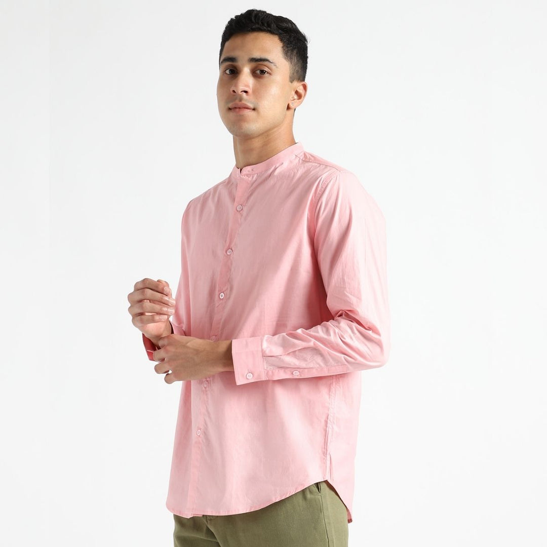 Naturally Dyed Mens Mandarin Neck Shirt | Organic Cotton | Casual | Sea Pink