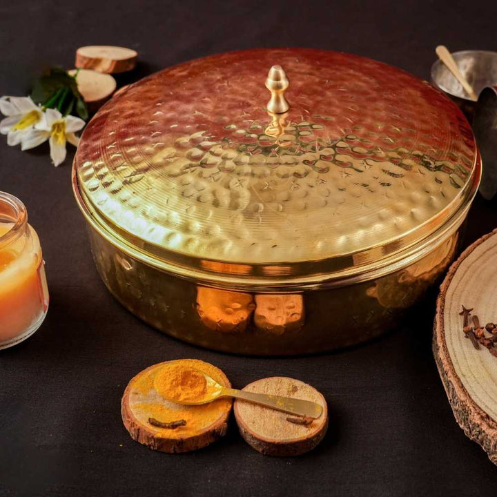 Hammered Pattern Spice Box In Kansa Metal With Tin Coated Pyaali | 9 Inch