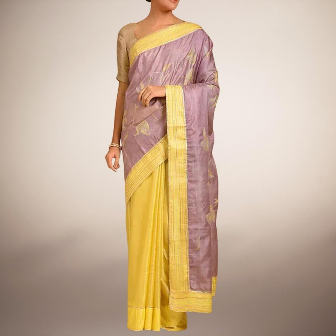 Lavender & Yellow Tussar Silk Designer Saree | Sujani  | Festive | Sophisticated Look