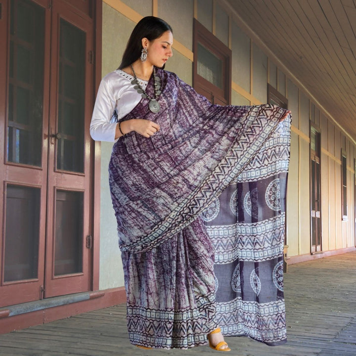 Plum Batik Printed Hand Spun & Hand Woven Cotton Muslin Saree | Artisanal