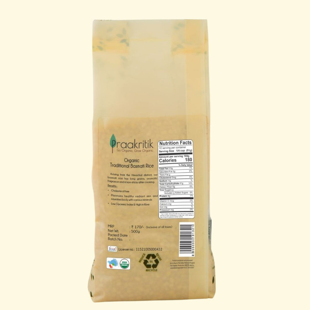 Traditional Basmati Rice | Nutrients Rich | 100 % Organic | GMO-Free | 500 GM