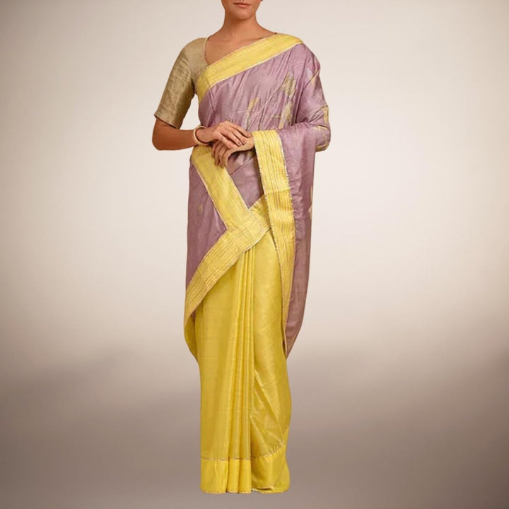 Lavender & Yellow Tussar Silk Designer Saree | Sujani  | Festive | Sophisticated Look