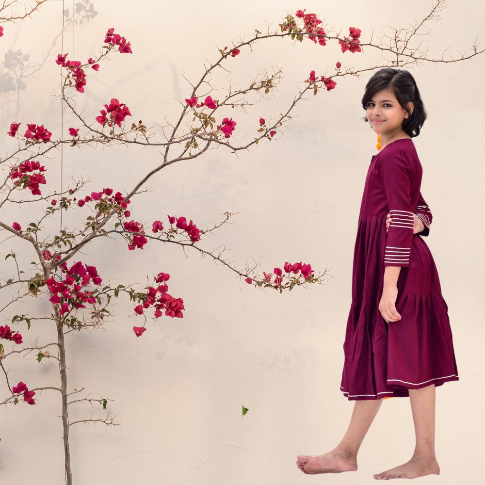 Wine Tier Dress | Girls Calf Length Dress  | Gota Work | Festive Wear | Cotton | Wine