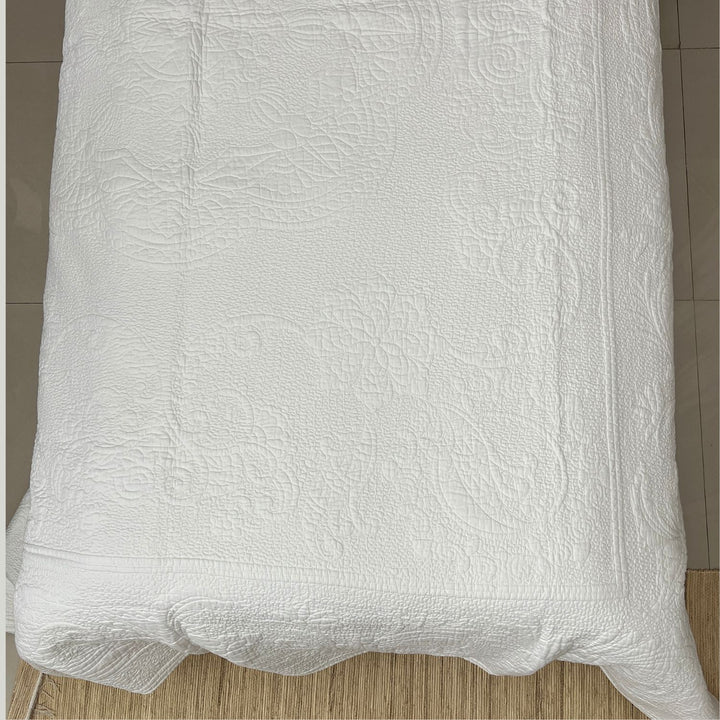 White Cotton Floral Medallion Embroidered Quilt | Ornate Elegance | 248 x 260 CM