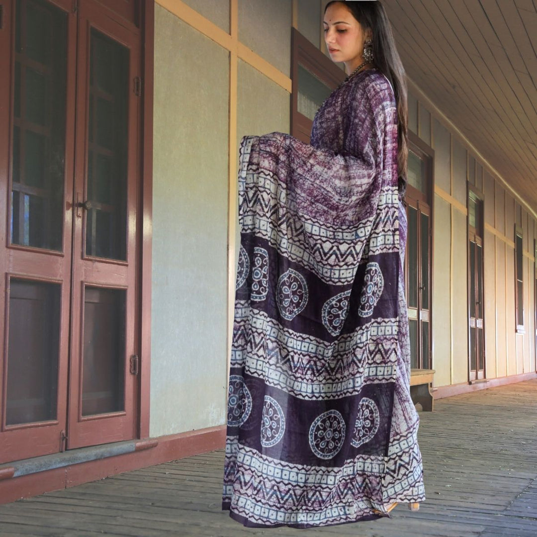 Plum Batik Printed Hand Spun & Hand Woven Cotton Muslin Saree | Artisanal