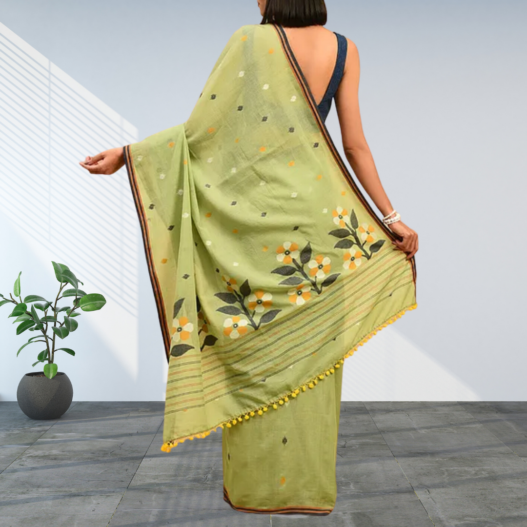 Fern Green Jamdani Cotton Mul Mul Saree | Subtle | Light Weight | Super Soft | Elegant