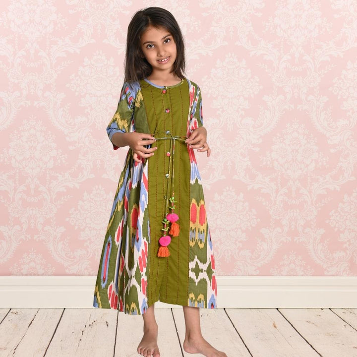 Peasent Ikat Dress | Girls | Cotton | Green