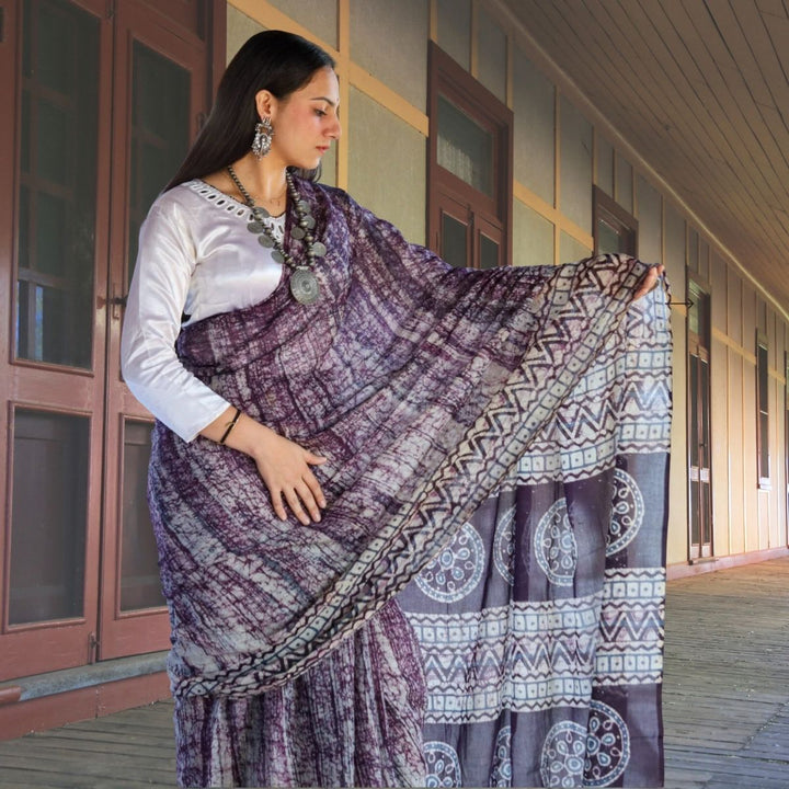 Plum Batik Printed Hand Spun & Hand Woven Cotton Muslin Saree | Artisanal