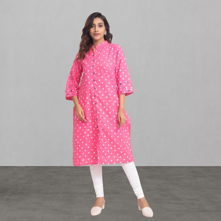 Pink Bandhani Kurta For Women | Hand Spun and Yarn Dyed | Mirror Work | Mandarin Collar | 3/4th Sleeves 