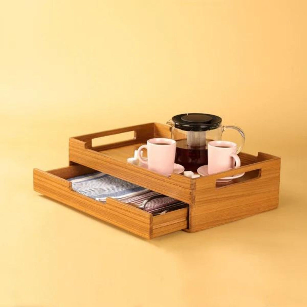 Cresta Serving Tray With Multipurpose Drawer | Teak Wood | Hand-Crafted |16 Inch