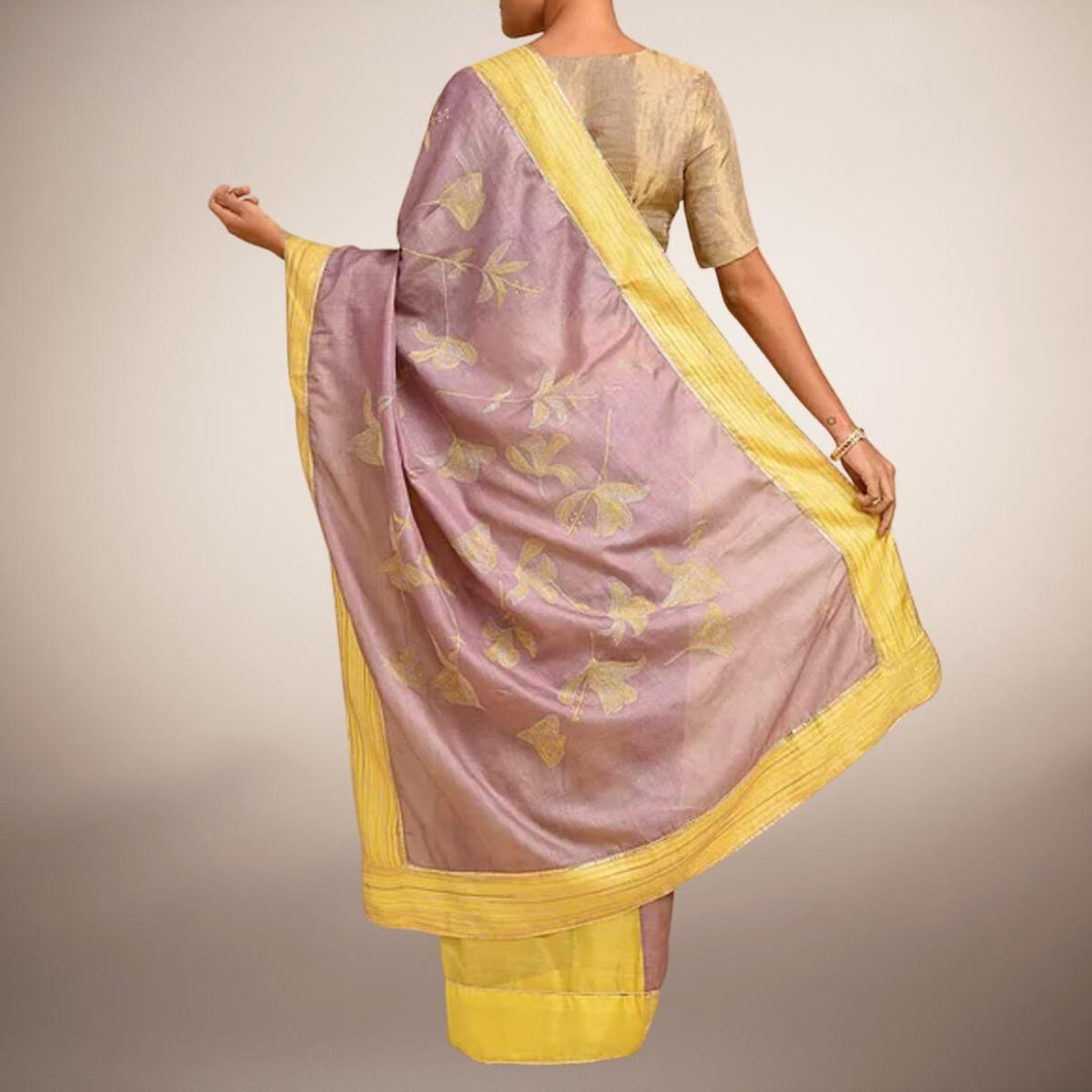 Lavender & Yellow Tussar Silk Designer Saree With Classic Sujani Craft | Festive Wear