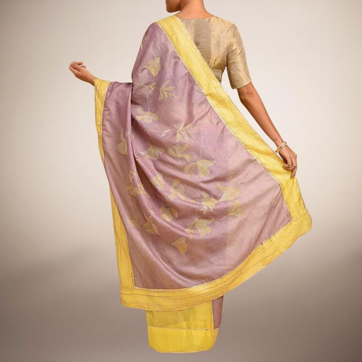 Lavender & Yellow Tussar Silk Designer Saree | Sujani  | Festive | Sophisticated Look