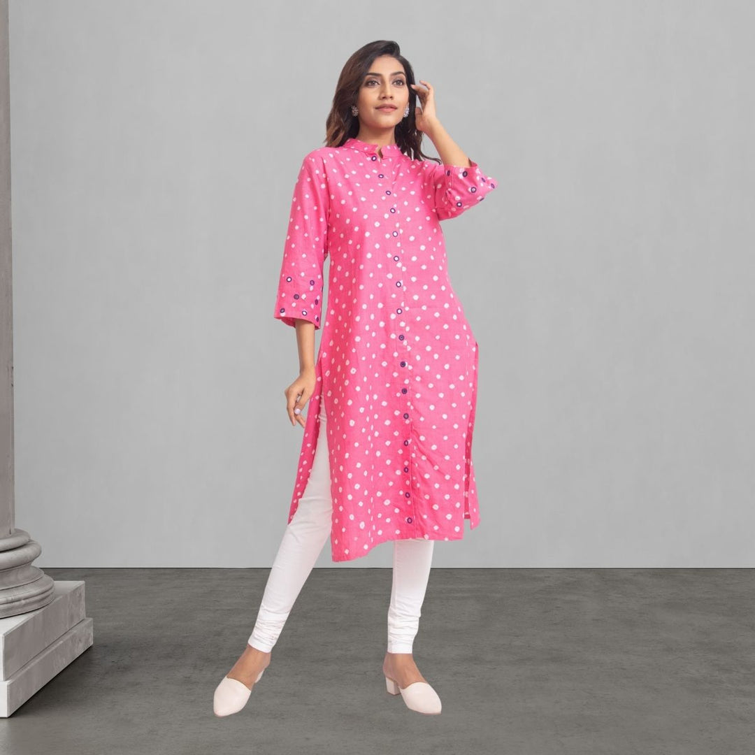 Pink Bandhani Kurta For Women | Hand Spun and Yarn Dyed | Mirror Work | Mandarin Collar | 3/4th Sleeves 