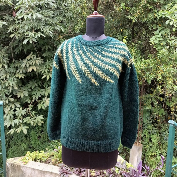 Forest Green Hand Knitted Woollen Pullover / Sweater for Women | Full Sleeved and Round Neckline | Leaf Pattern 