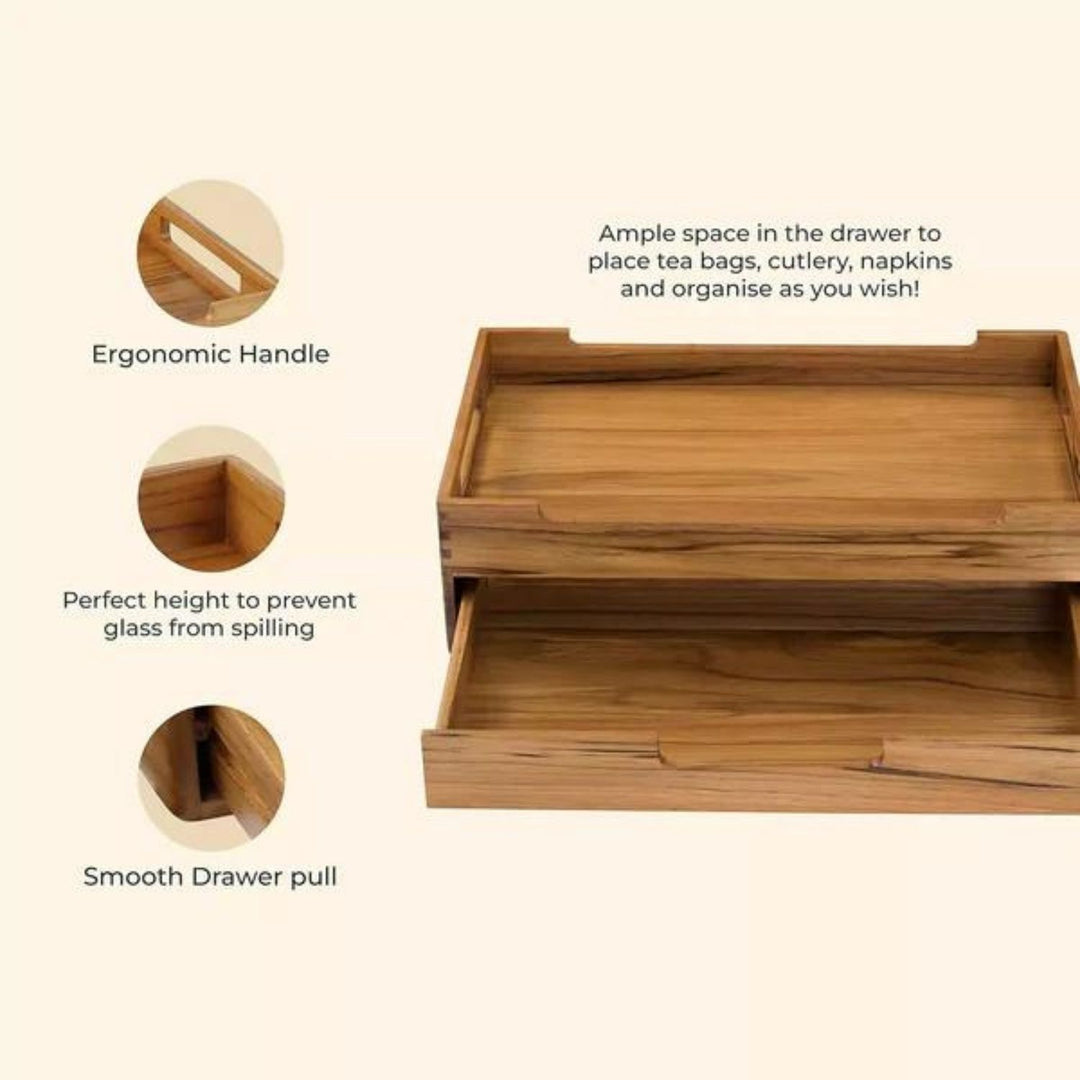 Cresta Serving Tray With Multipurpose Drawer | Teak Wood | Hand-Crafted |16 Inch