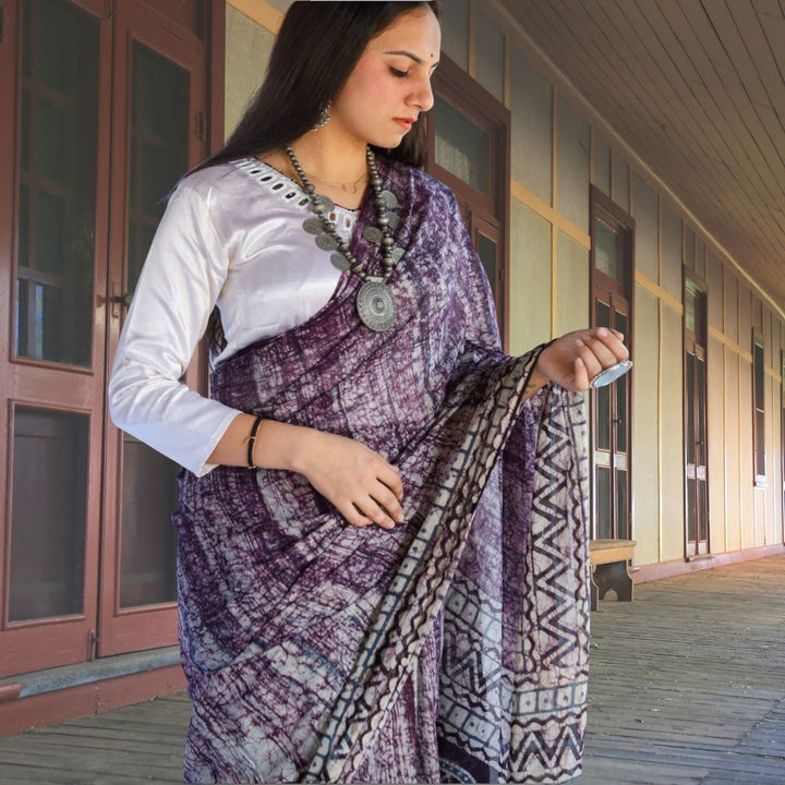 Plum Batik Printed Hand Spun & Hand Woven Cotton Muslin Saree | Artisanal