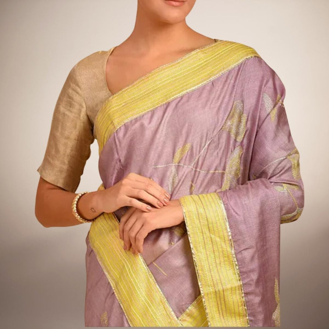 Lavender & Yellow Tussar Silk Designer Saree | Sujani  | Festive | Sophisticated Look