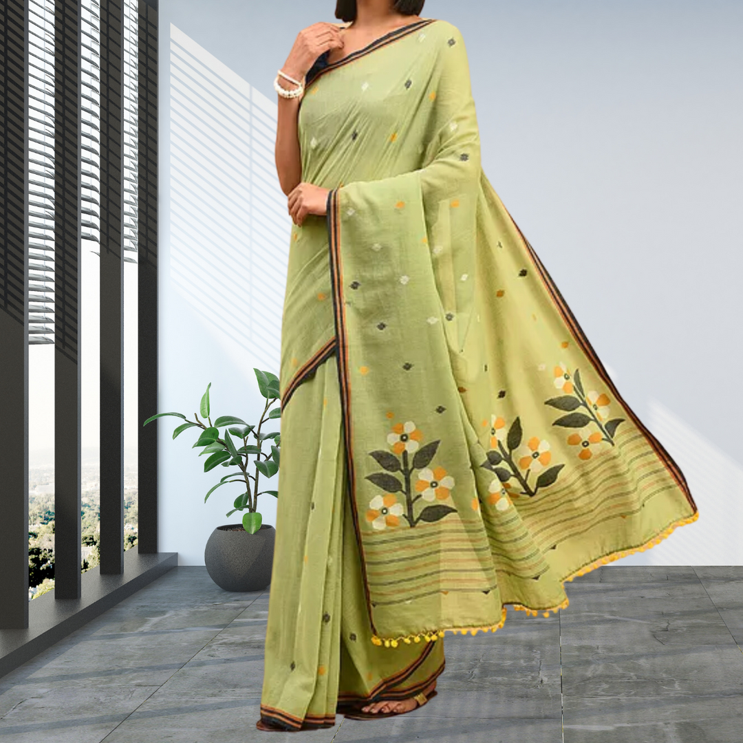 Fern Green Jamdani Cotton Mul Mul Saree | Subtle | Light Weight | Super Soft | Elegant