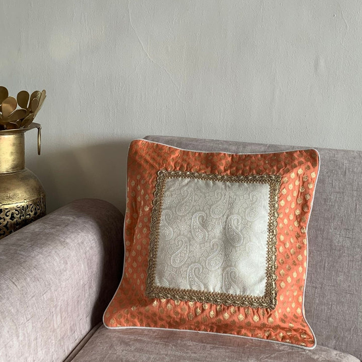 Peach And White Banarasi Cushion Cover | Bright Festive Accents | 16" x 16"