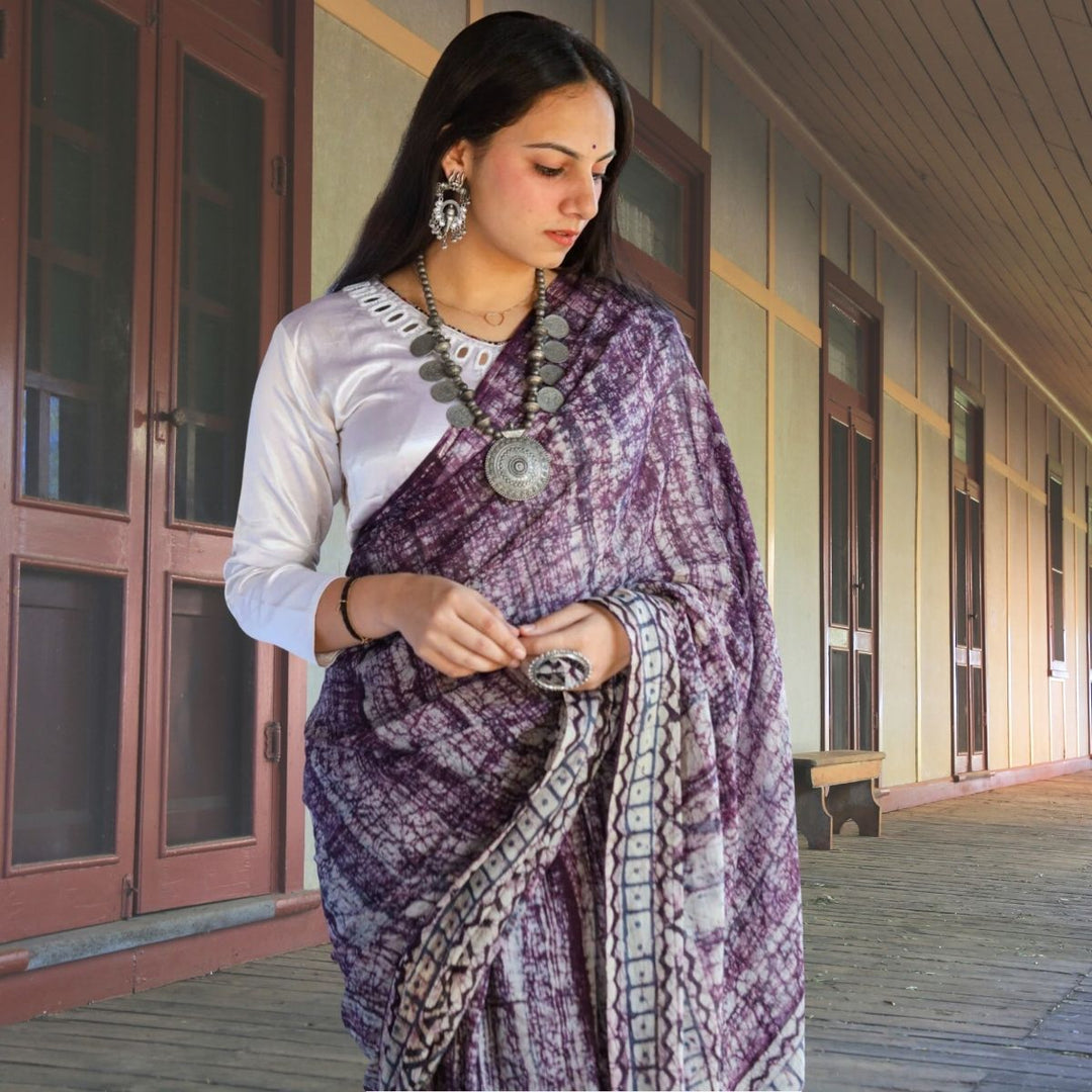 Plum Batik Printed Hand Spun & Hand Woven Cotton Muslin Saree | Artisanal