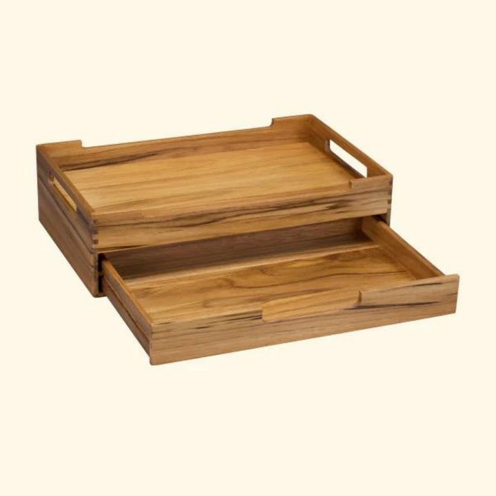 Cresta Serving Tray With Multipurpose Drawer | Teak Wood | Hand-Crafted |16 Inch