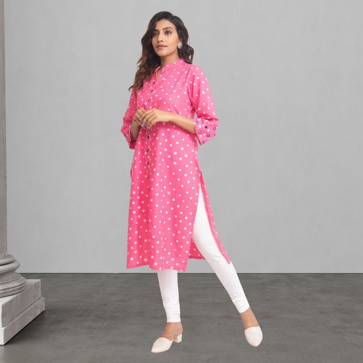 Pink Bandhani Kurta For Women | Hand Spun and Yarn Dyed | Mirror Work | Mandarin Collar | 3/4th Sleeves 