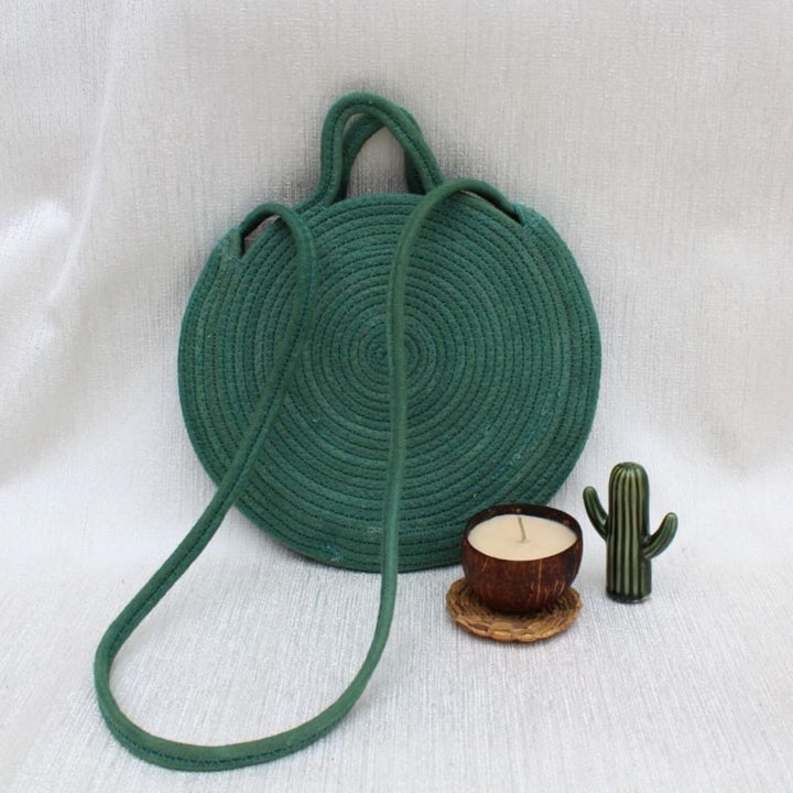 Handcrafted Round Sling Bag | Cotton | Bottle Green