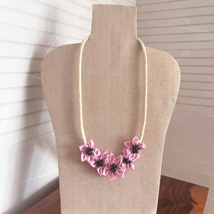 Floral Fabric Necklace of Women | Hand Crafted | Bohemian Look | Pink + Ivory