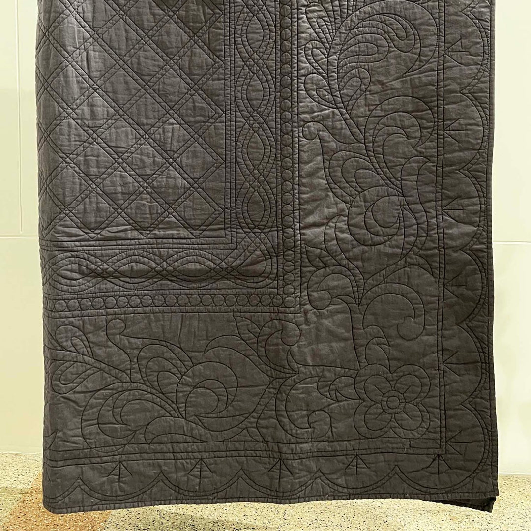 Charcoal Black Cotton Floral Embroidered Quilt | Serene Elegance | 234 X 254 CM