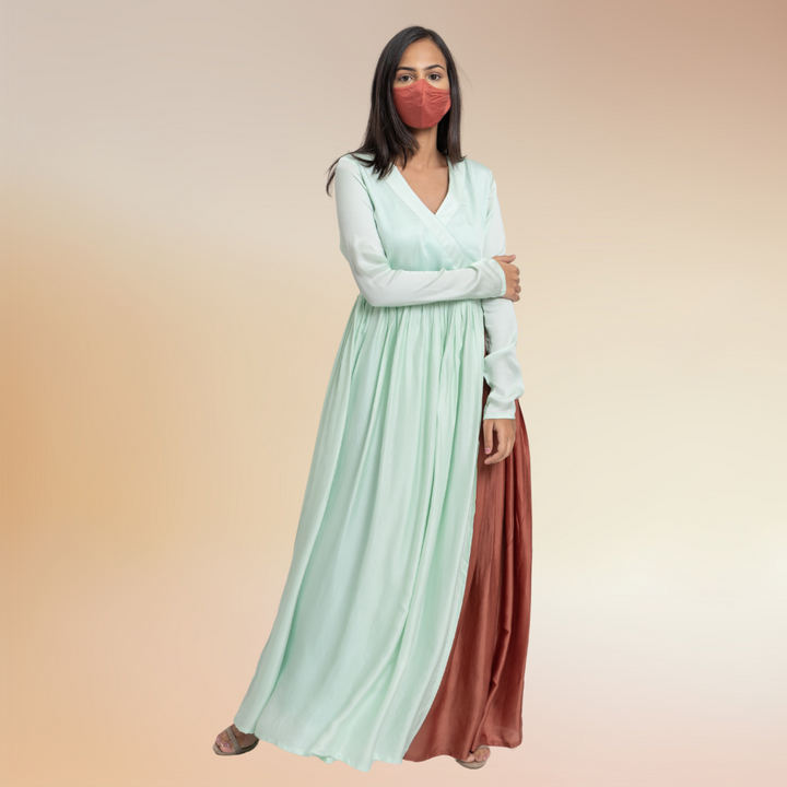 Sea Green-Caramel Colour Block Angrakha | Bemberg Modal Silk | Festive Ready