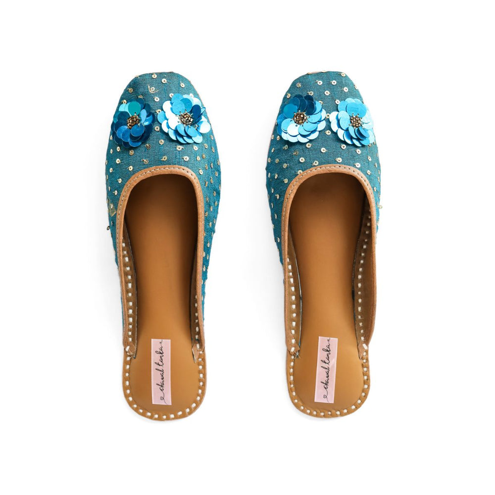 Floral Sequin Work Women Juttis | Festive Styling | Embellished | Peacock Blue