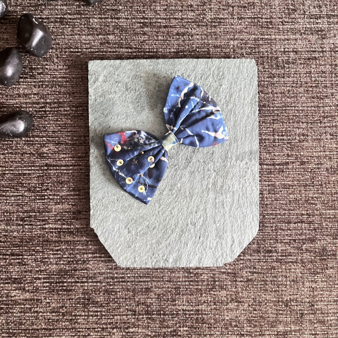 Sequin Embellished Hair Bow Clip for Girls | Hand Crafted | Ajrakh Printed Blue