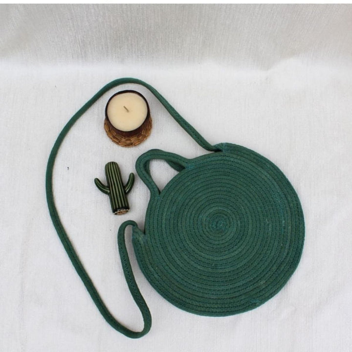 Handcrafted Round Sling Bag | Cotton | Bottle Green