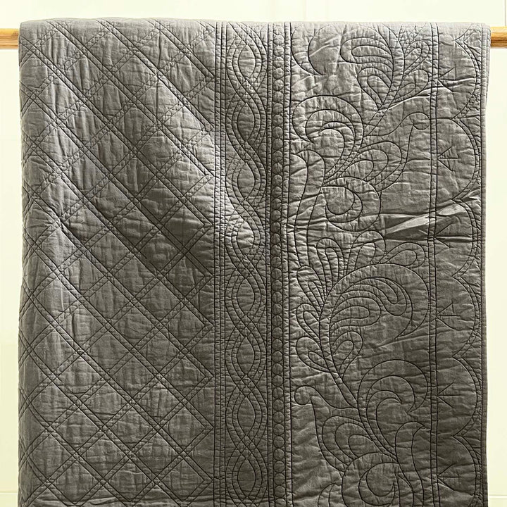 Charcoal Black Cotton Floral Embroidered Quilt | Serene Elegance | 234 X 254 CM