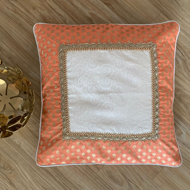 Peach And White Banarasi Cushion Cover | Bright Festive Accents | 16" x 16"