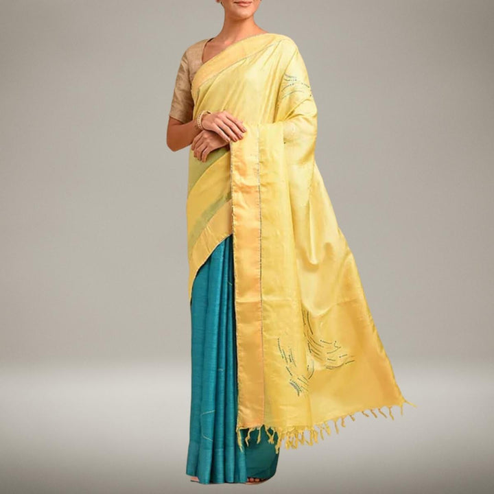 Sujani Embroidered Pure Tussar Silk HandHalf Saree | Yellow & Teal Blue | Festive Wear