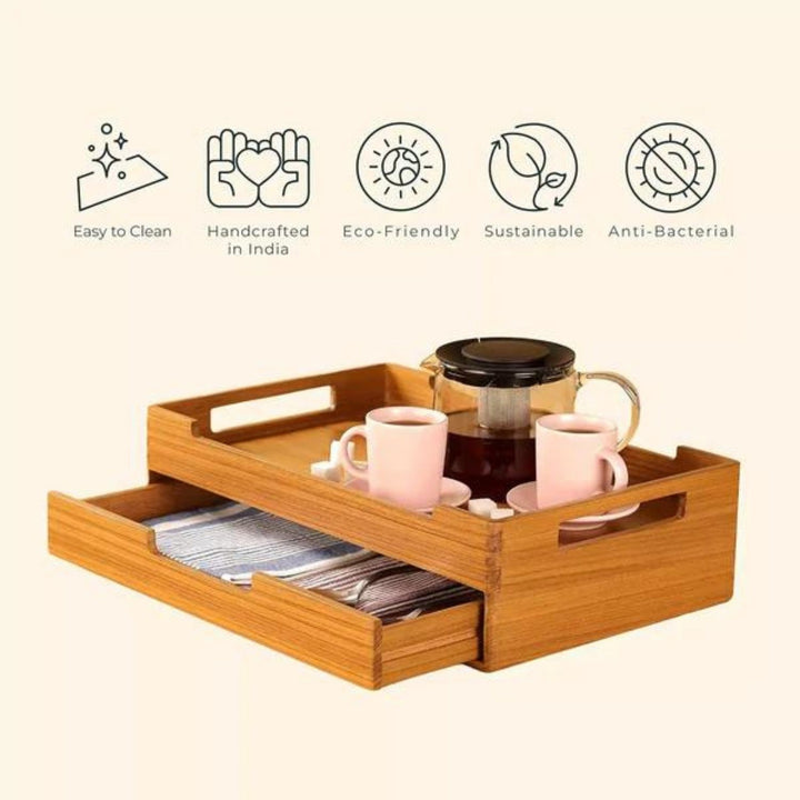 Cresta Serving Tray With Multipurpose Drawer | Teak Wood | Hand-Crafted |16 Inch