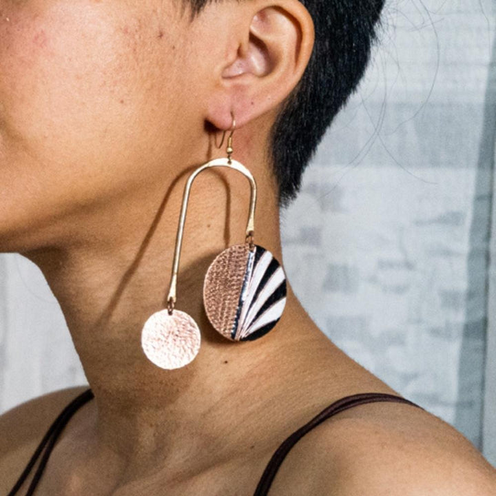 Mobile Stripe Copper Enamel Dangler Earring | Hand-crafted | Black & White