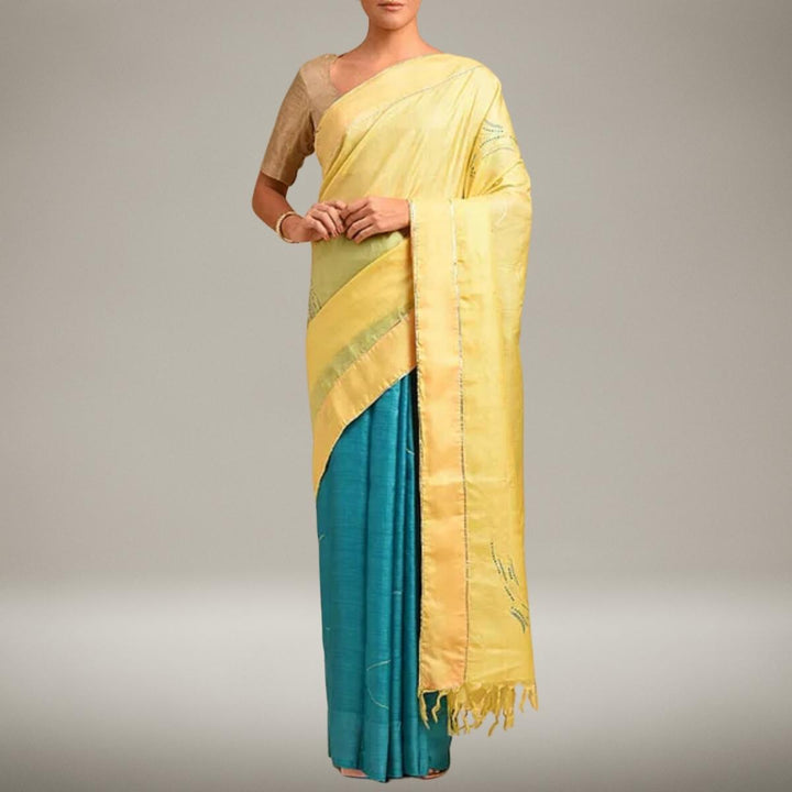 Sujani Embroidered Pure Tussar Silk HandHalf Saree | Yellow & Teal Blue | Festive Wear