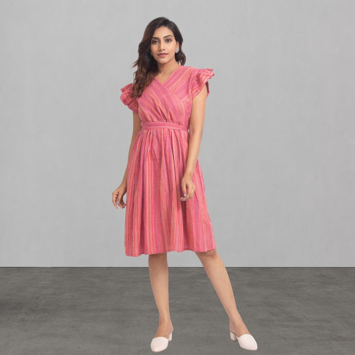 Stripe Pink Dress For Women | Stylish And Smart Wear | Girlish Ruffle Pattern 