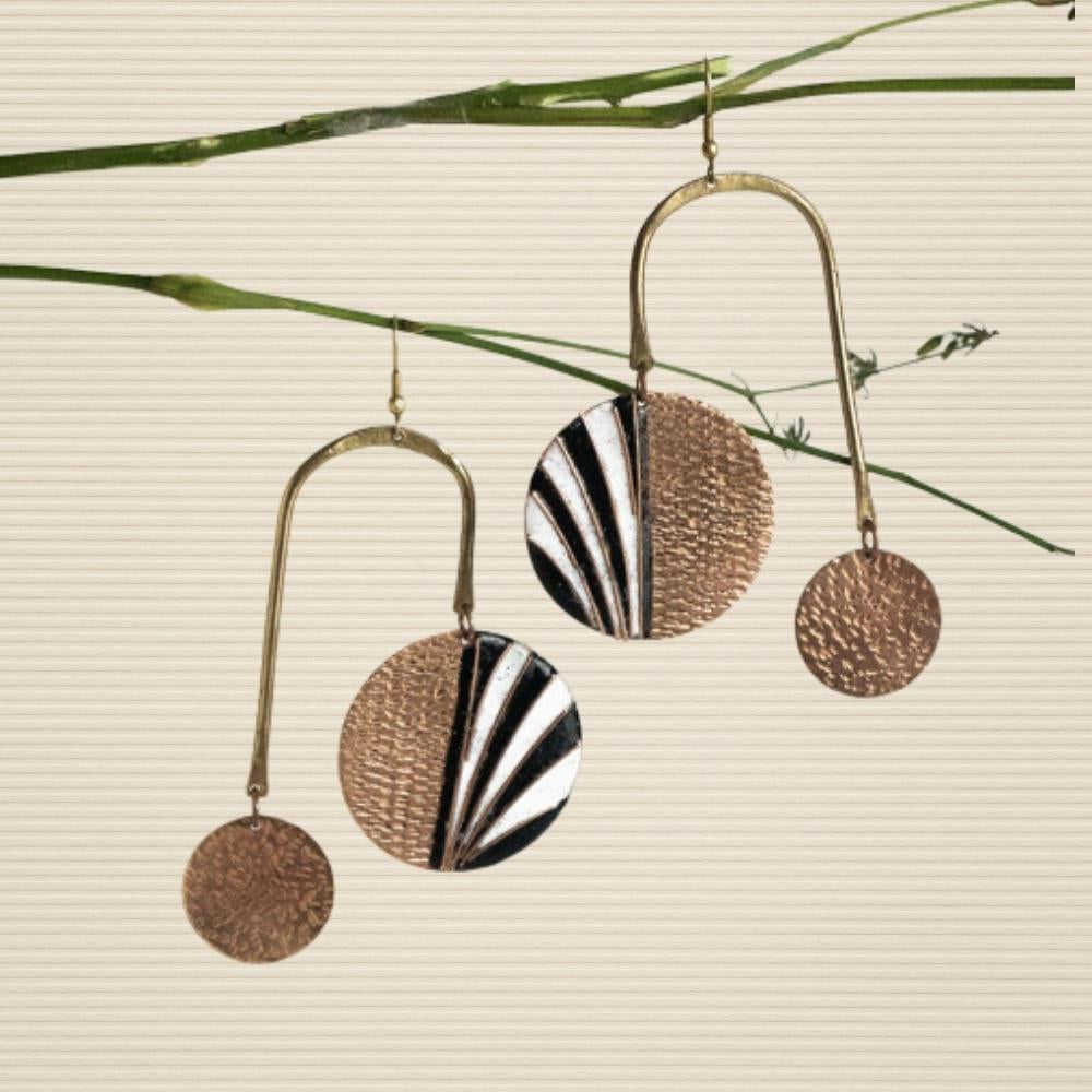 Mobile Stripe Copper Enamel Dangler Earring | Hand-crafted | Black & White