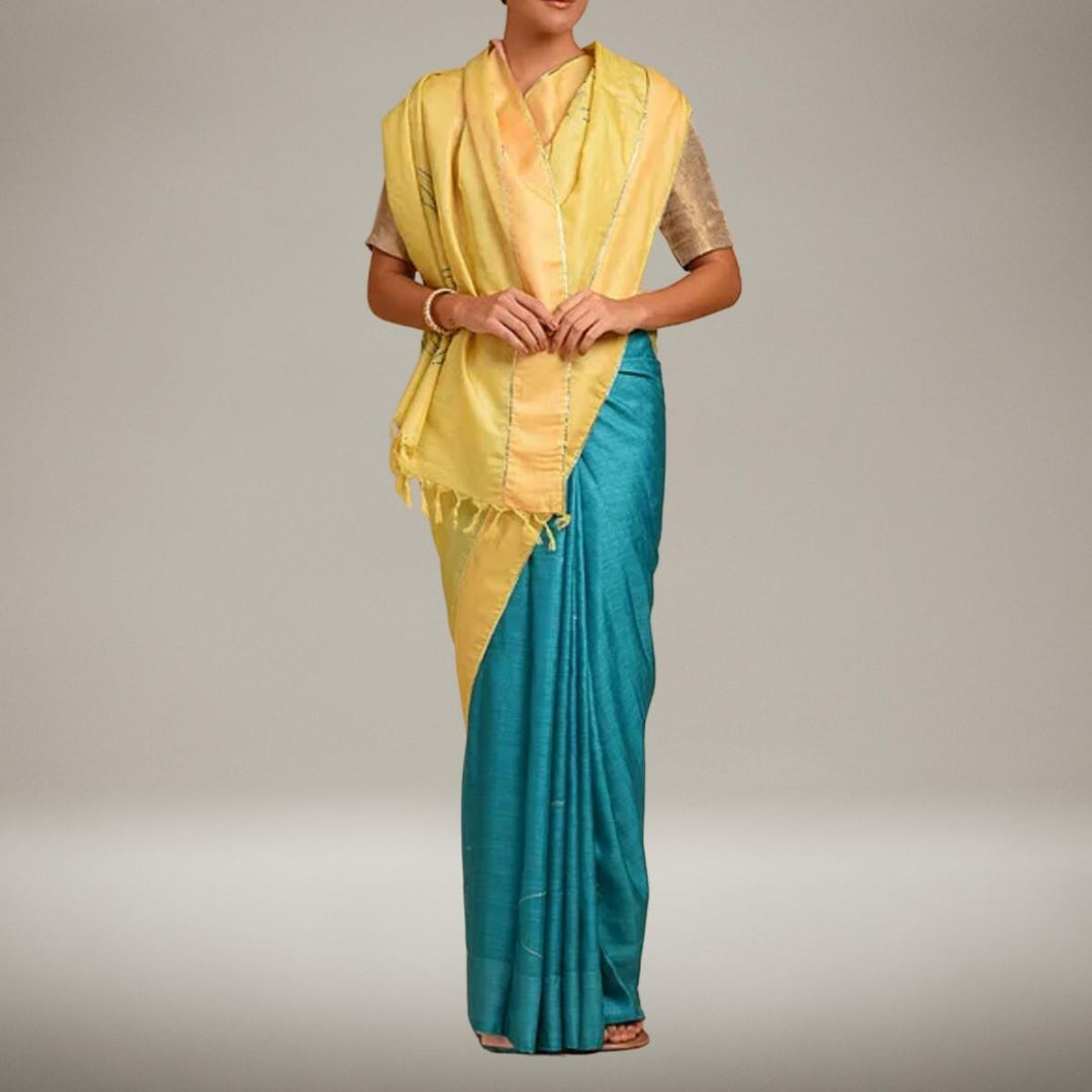 Sujani Embroidered Pure Tussar Silk HandHalf Saree | Yellow & Teal Blue | Festive Wear