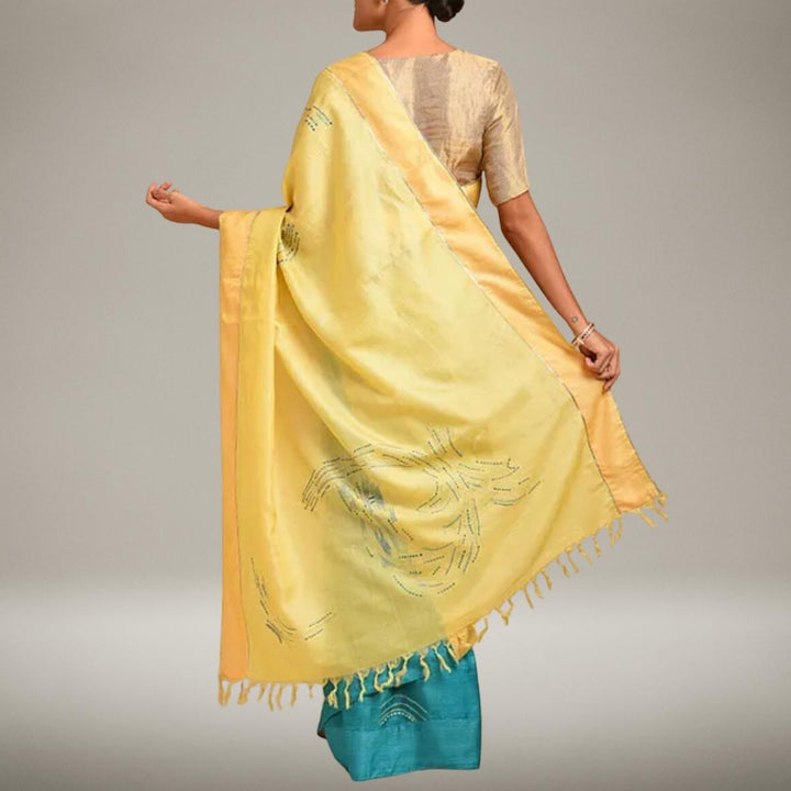 Sujani Embroidered Pure Tussar Silk HandHalf Saree | Yellow & Teal Blue | Festive Wear