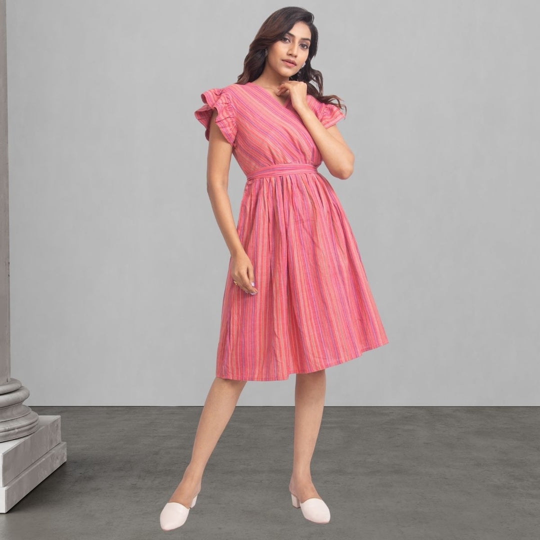 Stripe Pink Dress For Women | Stylish And Smart Wear | Girlish Ruffle Pattern 