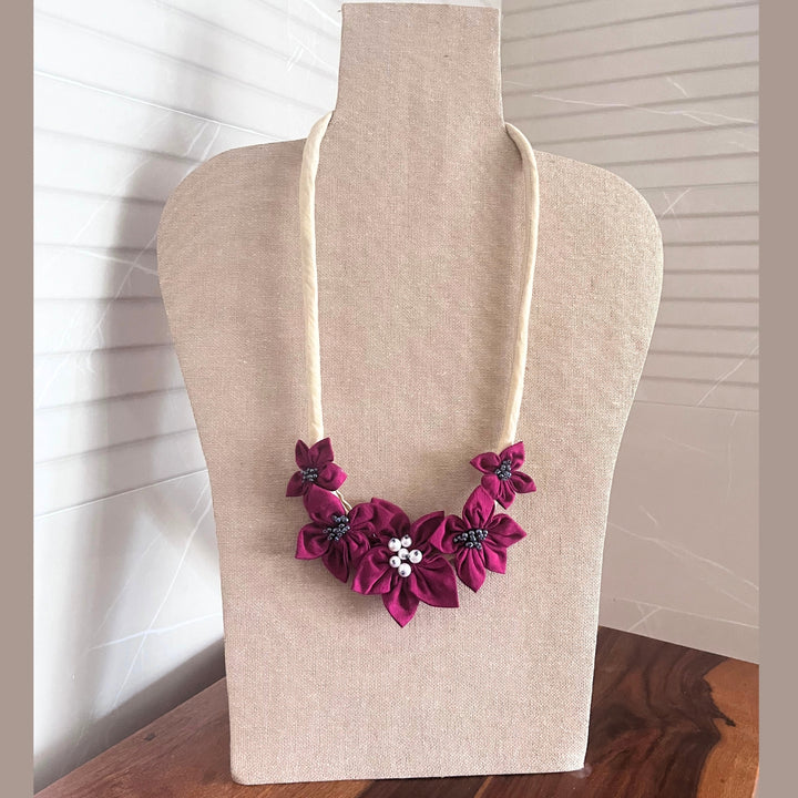 Floral Fabric Necklace For Women | Artistic & Hand Crafted | Magenta And Ivory