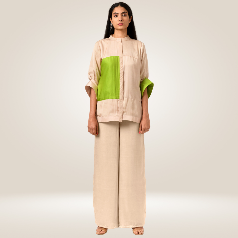 Ecru-Green Blocked Co-ord Set | Bemberg Modal Silk | Sustainable